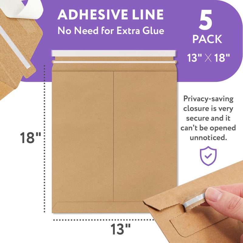 APQ Supply Natural Brown Rigid Mailers, 13 x 18 Inch. Pack of 5 Cardboard Envelopes for Photos, Documents. Sturdy Stay Flat Mailers with Self-Seal Closure. Hard Rigid Shipping Envelopes - Image 2